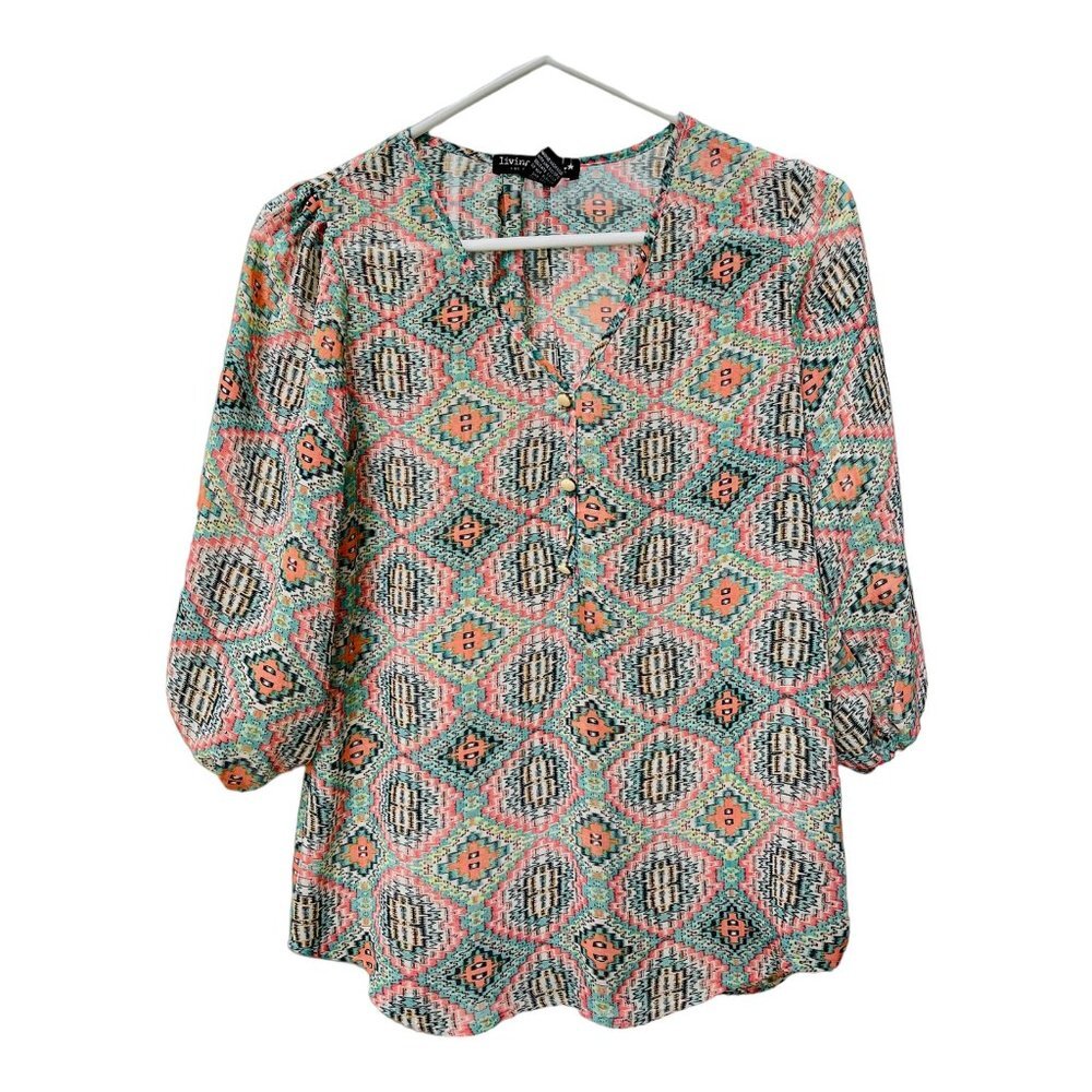 Living Doll Casual Aztec Print Chiffon Blouse Size XS Women's